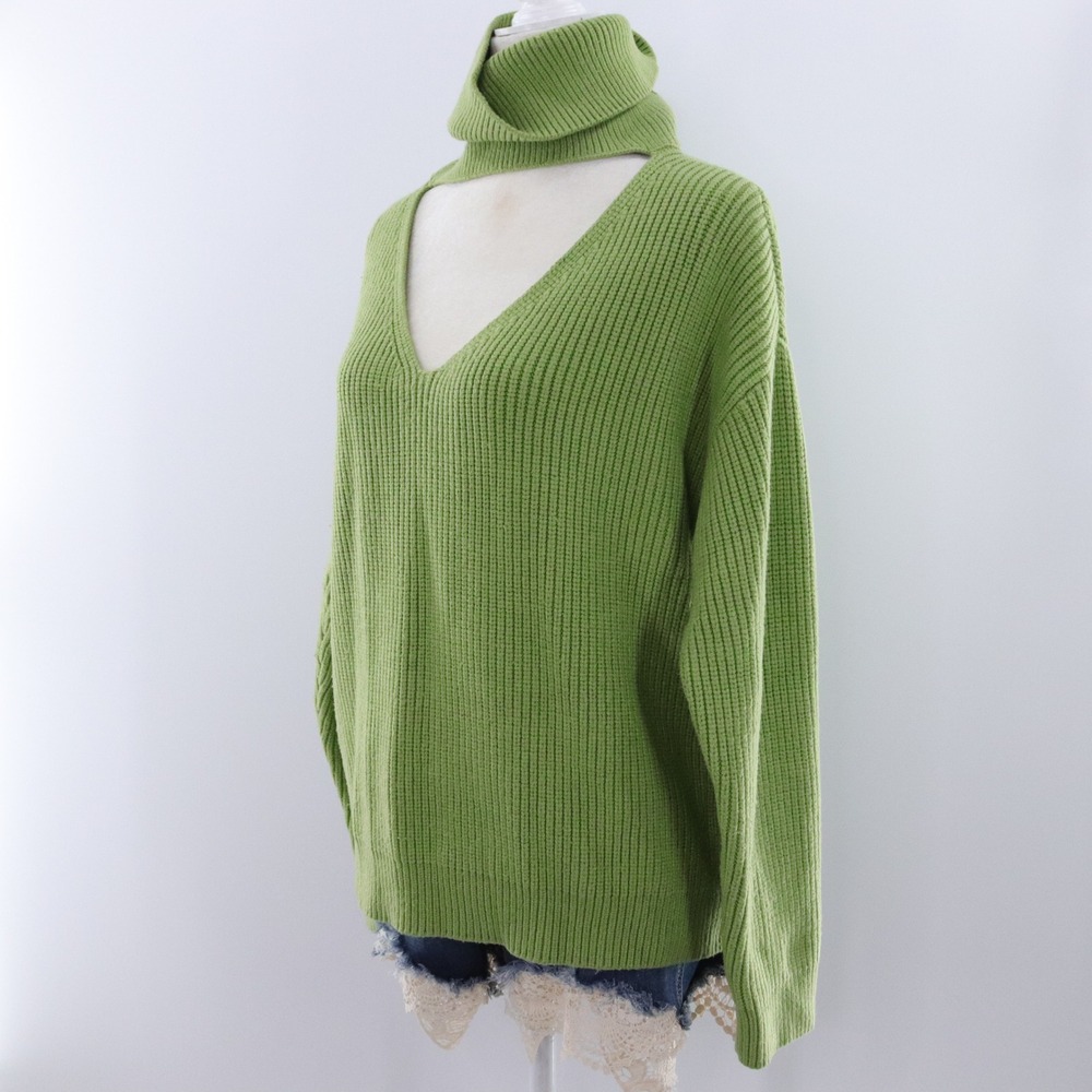 Lovers and Friends Green Ribbed Turtleneck Cutout V Neck Long Sleeve Sweater‎ M